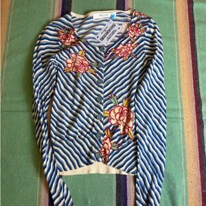 Sparrow Cardigan Womens Small Blue White Striped Floral Embroidered Cotton Boho